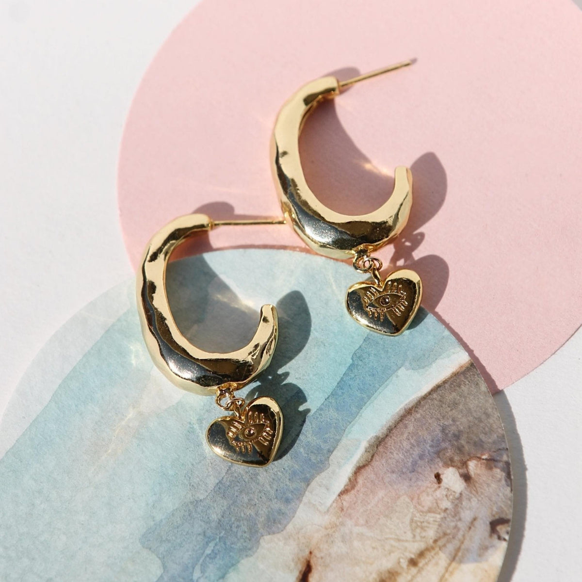 TINY EVIL EYE HEART HOOP EARRINGS - TaifJewelry